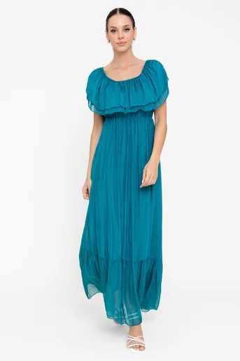 Rochie maxi mătase naturală  turcoaz închis RBB0507