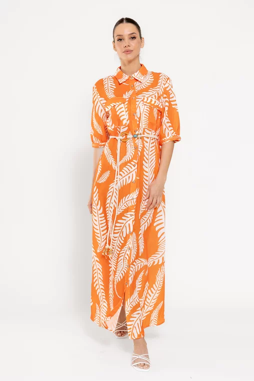Rochie maxi tip cămașă cu cordon orange RROS0301 picture - 1