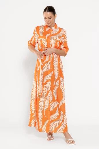 Rochie maxi tip cămașă cu cordon orange RROS0301