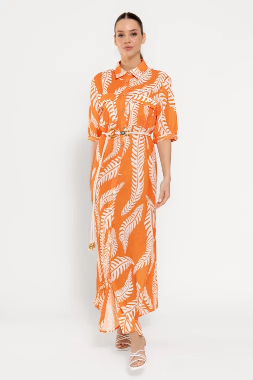 Rochie maxi tip cămașă cu cordon orange RROS0301 picture - 3