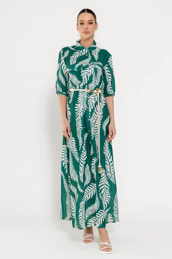 Rochie maxi tip cămașă cu cordon verde RROS0301