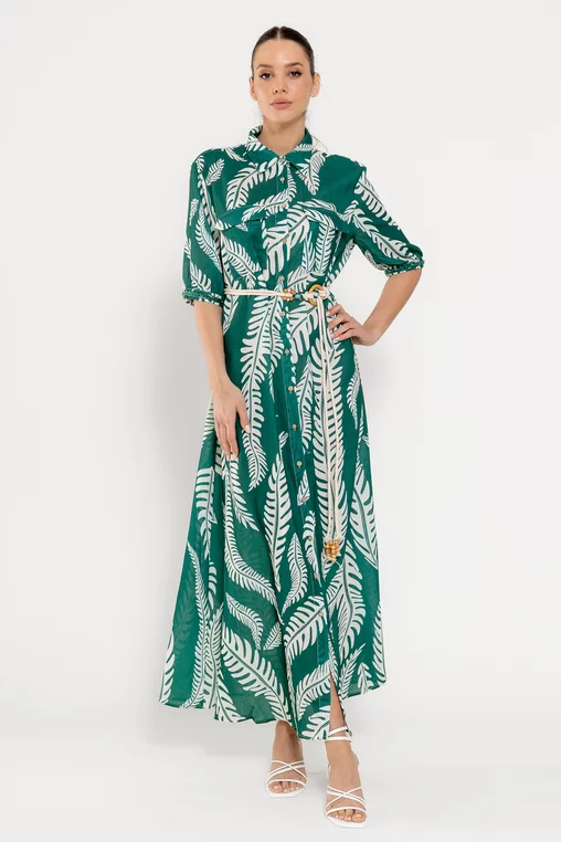 Rochie maxi tip cămașă cu cordon verde RROS0301 picture - 3