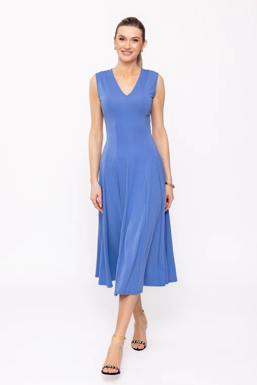 Rochie midi albastră din jerseu, croială în clini R8509 picture - 5