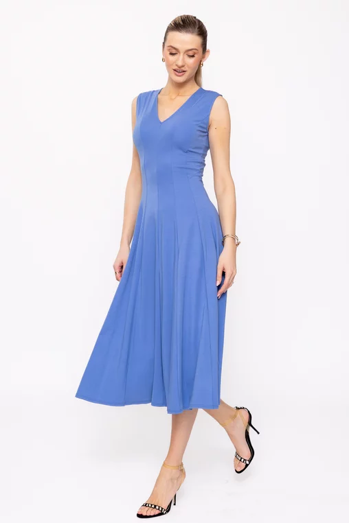 Rochie midi albastră din jerseu, croială în clini R8509 picture - 6