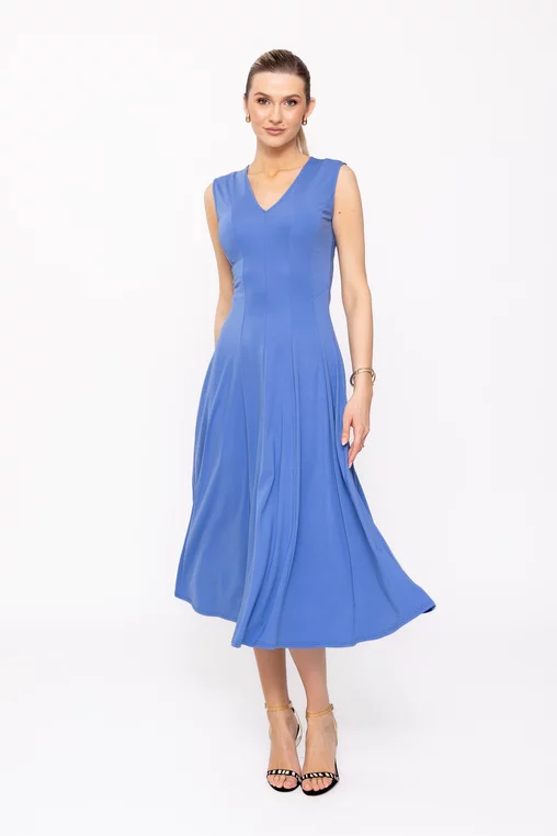 Rochie midi albastră din jerseu, croială în clini R8509 picture - 1