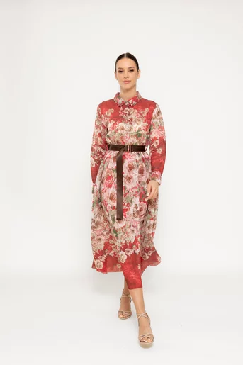 Rochie midi cu cordon imprimeu floral roșu RLAM0305