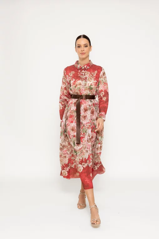 Rochie midi cu cordon imprimeu floral roșu RLAM0305 picture - 1