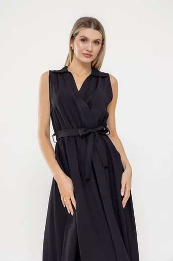 Rochie midi cu decolteu în v și cordon neagră RLA0507
