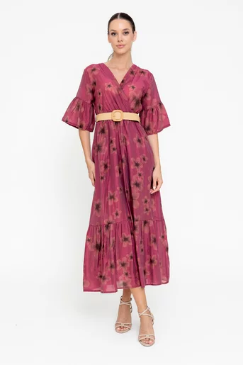 Rochie midi cu decolteu suprapus burgundy RRB0507