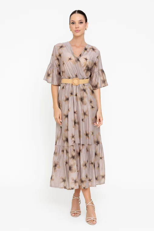 Rochie midi cu decolteu suprapus taupe RRB0507 picture - 3