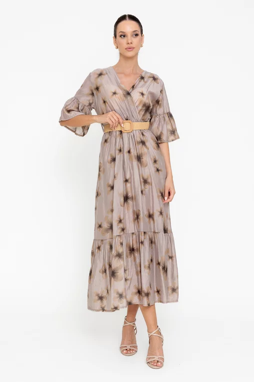 Rochie midi cu decolteu suprapus taupe RRB0507 picture - 5