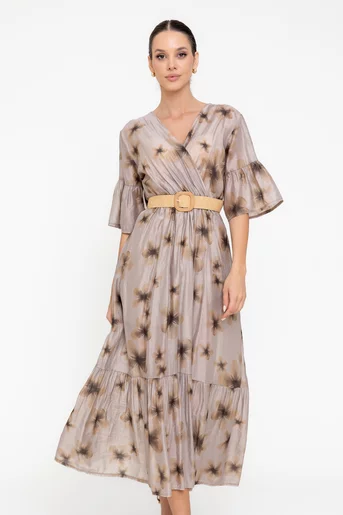 Rochie midi cu decolteu suprapus taupe RRB0507