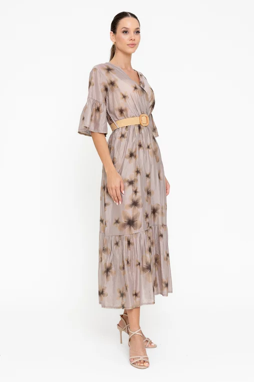 Rochie midi cu decolteu suprapus taupe RRB0507 picture - 4