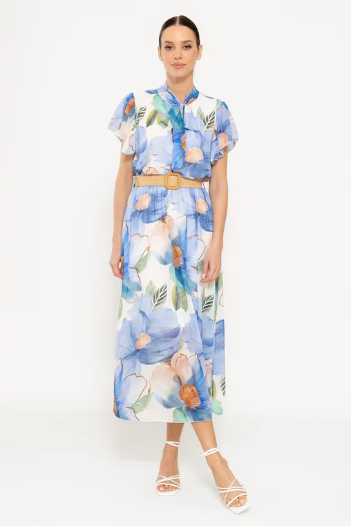 Rochie midi cu eșarfă și curea bleu RLO0305 picture - 3