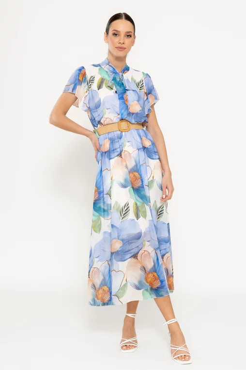 Rochie midi cu eșarfă și curea bleu RLO0305 picture - 4