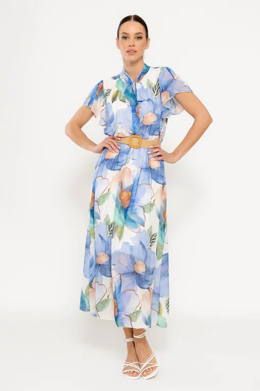 Rochie midi cu eșarfă și curea bleu RLO0305 picture - 1