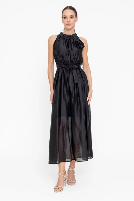 Rochie midi cu floarea decorativă neagră RSO0501 picture - 1