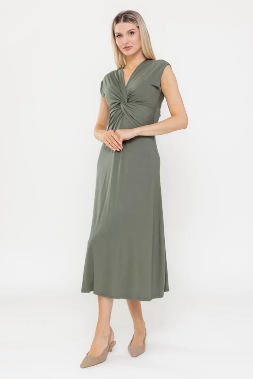 Rochie midi cu nod în talie kaki RLA0503 picture - 1