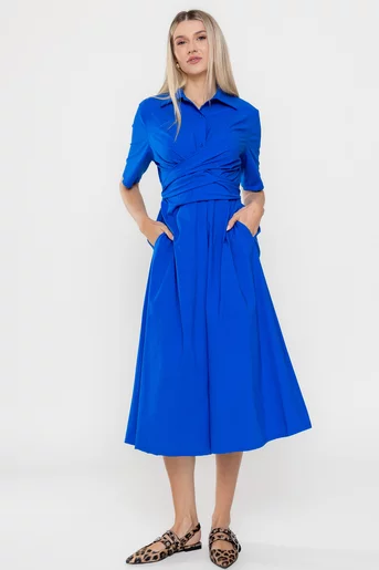Rochie midi din bumbac cu cordon petrecut albastră RSUN0501