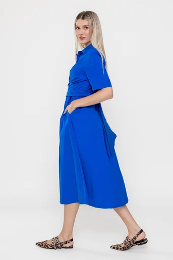 Rochie midi din bumbac cu cordon petrecut albastră RSUN0501