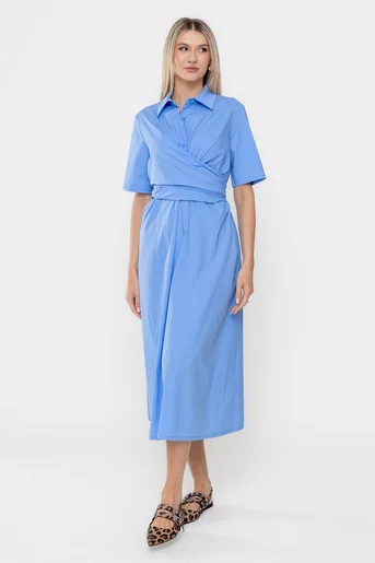 Rochie midi din bumbac cu cordon petrecut bleu RSUN0501