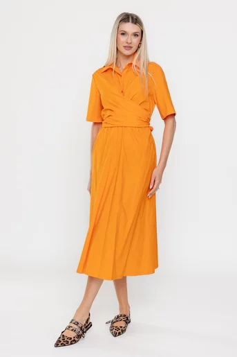 Rochie midi din bumbac cu cordon petrecut orange RSUN0501