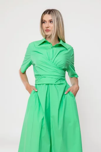 Rochie midi din bumbac cu cordon petrecut verde RSUN0501