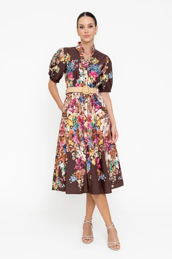 Rochie midi din bumbac cu curea maro RBR0509