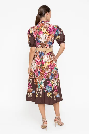 Rochie midi din bumbac cu curea maro RBR0509
