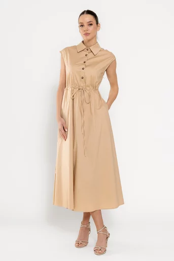 Rochie midi din bumbac cu șnur bej RBD0310