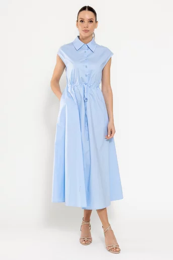 Rochie midi din bumbac cu șnur bleu RBD0310