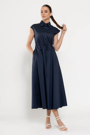 Rochie midi din bumbac cu șnur bleumarin RBD0310