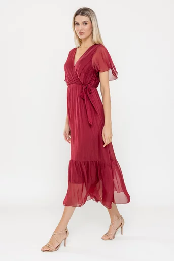Rochie midi din mătase cu volan burgundy RLA0501