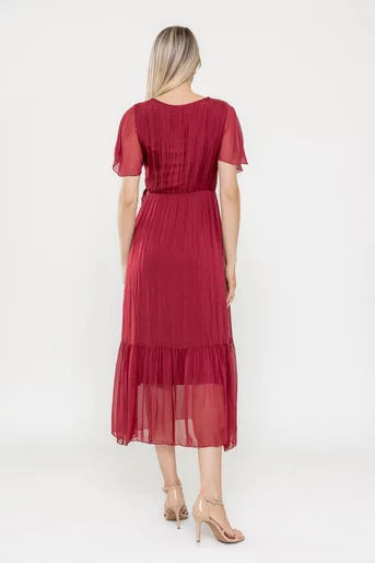 Rochie midi din mătase cu volan burgundy RLA0501