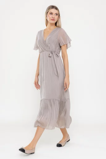 Rochie midi din mătase cu volan grej RLA0501