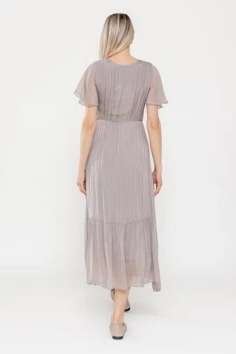 Rochie midi din mătase cu volan grej RLA0501