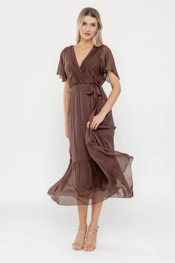 Rochie midi din mătase cu volan maro RLA0501