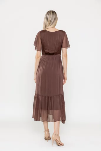 Rochie midi din mătase cu volan maro RLA0501