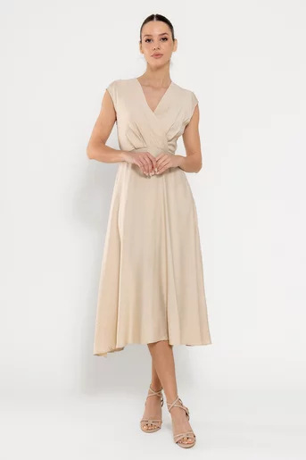 Rochie midi din vâscoză cu cordon bej RBD0309