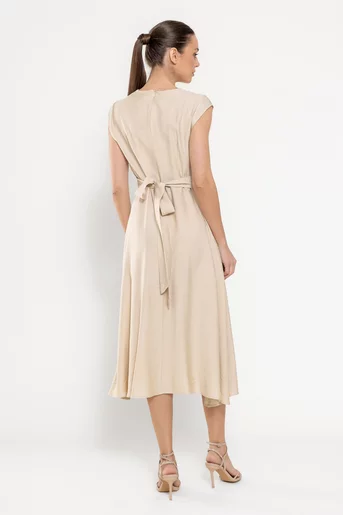 Rochie midi din vâscoză cu cordon bej RBD0309