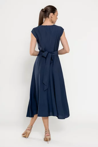 Rochie midi din vâscoză cu cordon bleumarin RBD0309