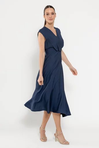 Rochie midi din vâscoză cu cordon bleumarin RBD0309