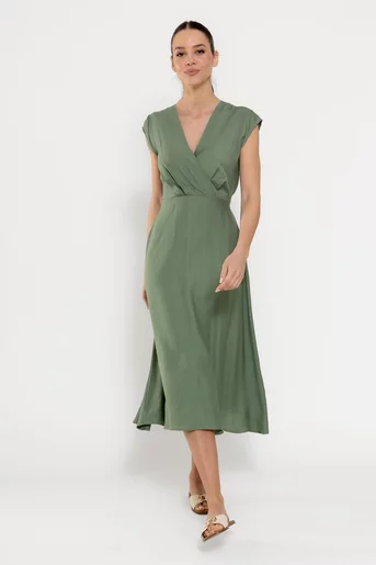 Rochie midi din vâscoză cu cordon kaki RBD0309