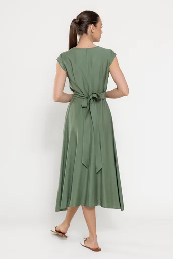 Rochie midi din vâscoză cu cordon kaki RBD0309