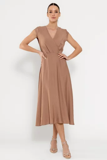 Rochie midi din vâscoză cu cordon mocha RBD0309