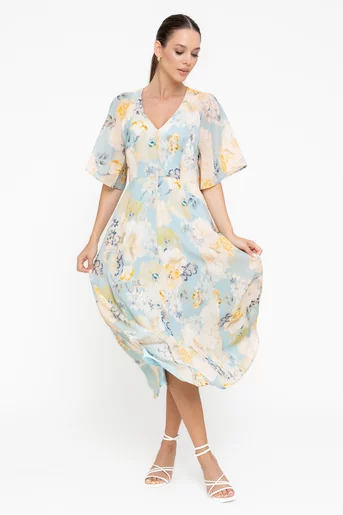Rochie midi din vâscoză decolteu în v bleu R8547