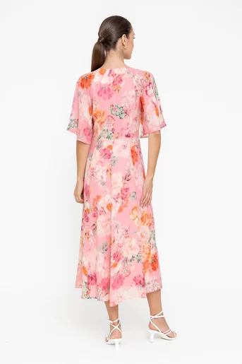 Rochie midi din vâscoză decolteu în v roz R8547