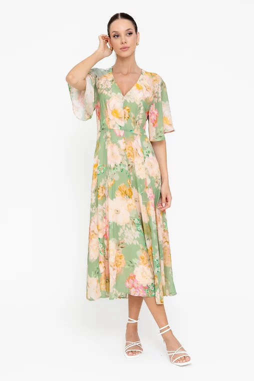 Rochie midi din vâscoză decolteu în v verde R8547 picture - 5