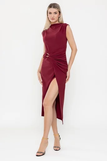 Rochie midi elegantă cu drapaje burgundy  RLA0518