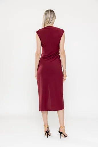 Rochie midi elegantă cu drapaje burgundy  RLA0518